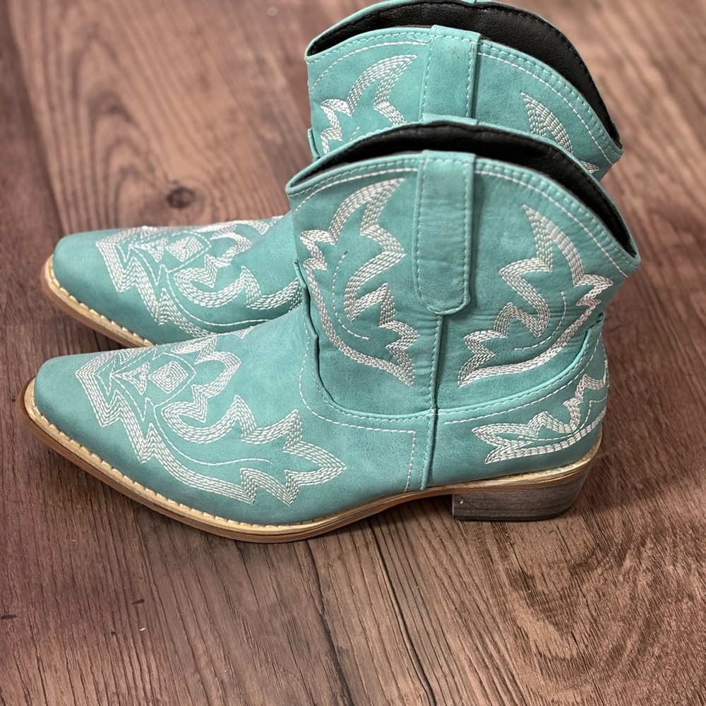 Turquoise Embroidered Western Ankle Boots